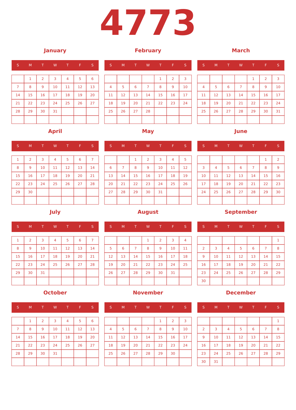 Printable 4773 Year Calendars red