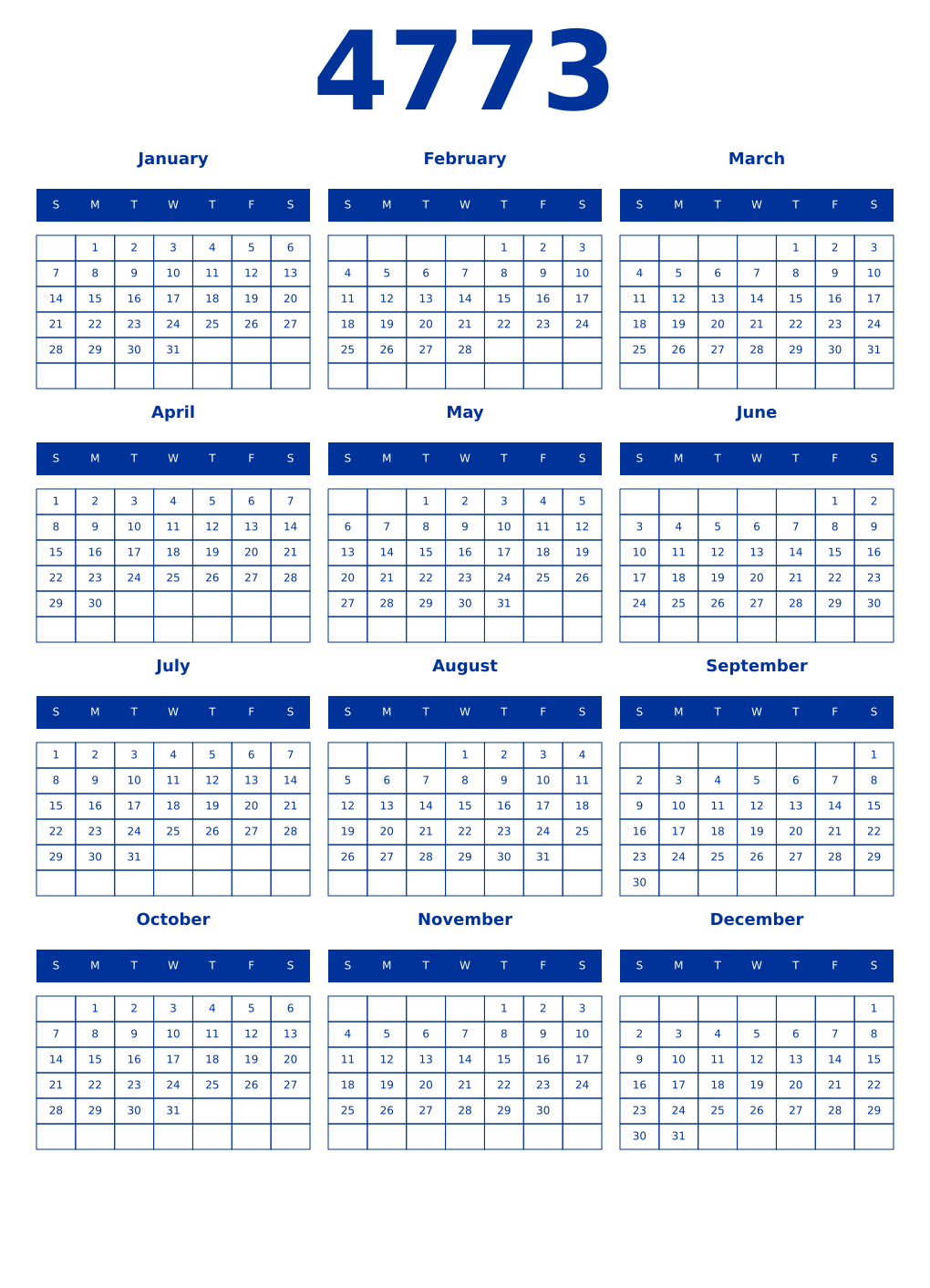 Printable 4773 Year Calendars smalt