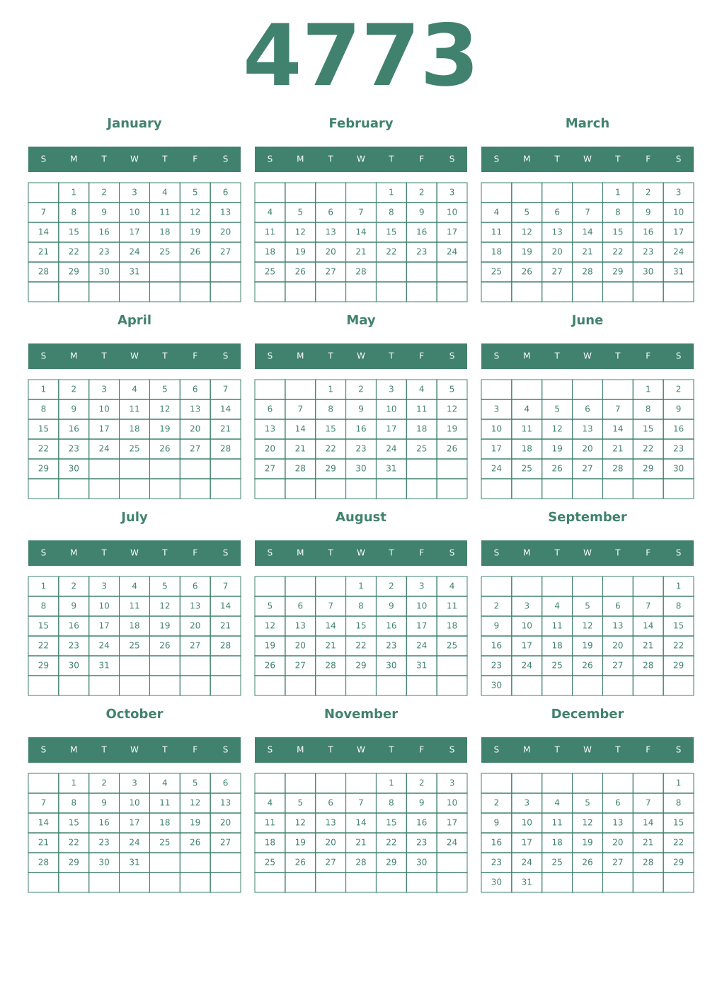 Printable 4773 Year Calendars viridian