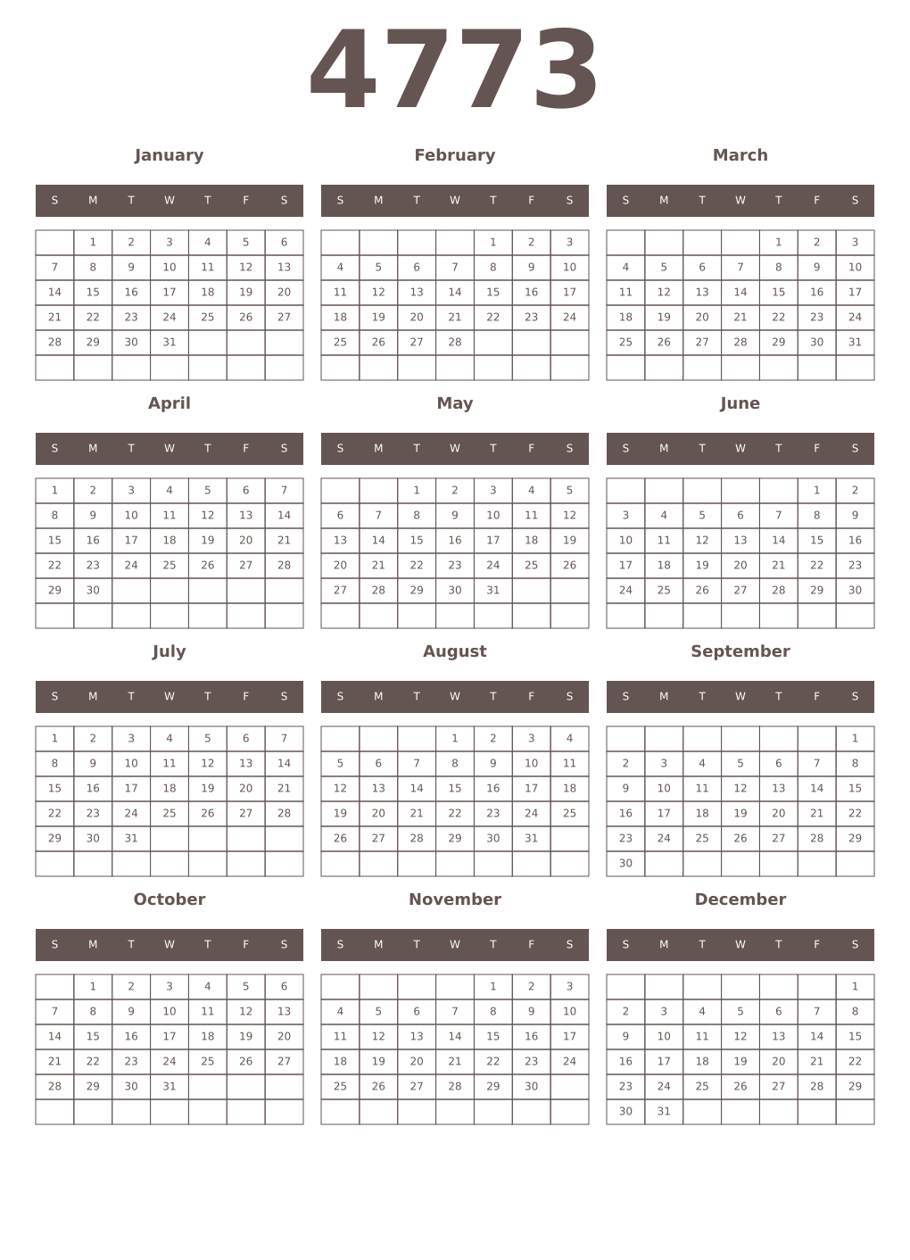 Printable 4773 Year Calendars wenge