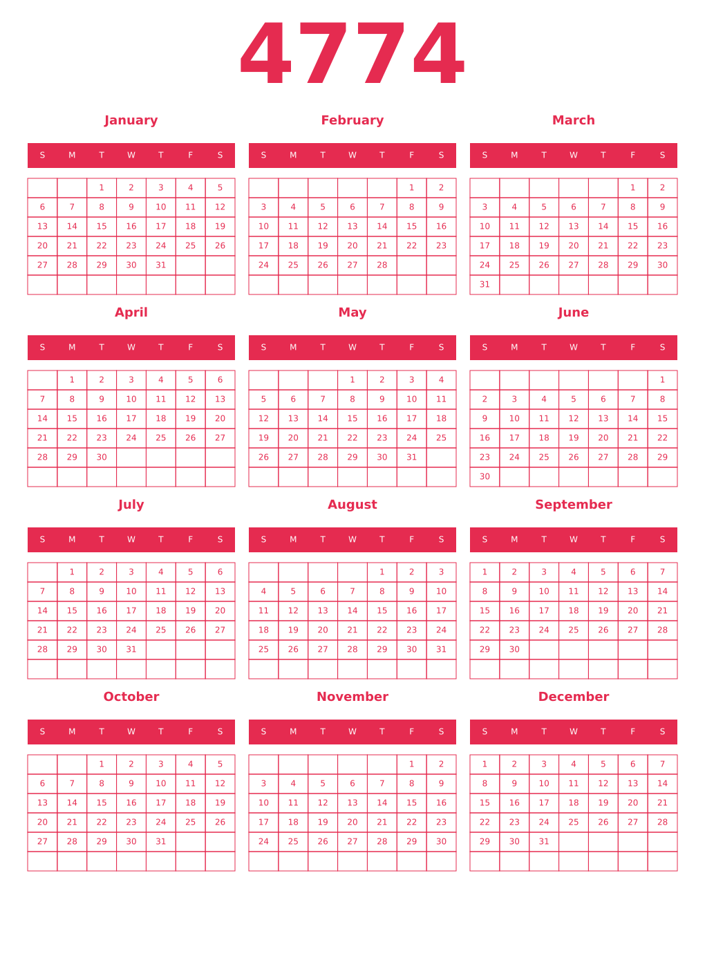 Printable 4774 Year Calendars amaranth