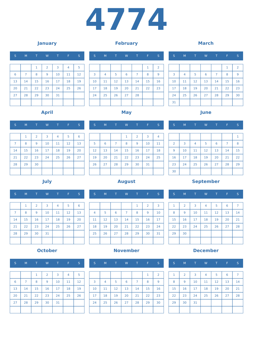 Printable 4774 Year Calendars blue