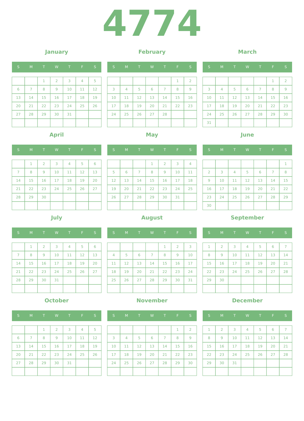 Printable 4774 Year Calendars celadon