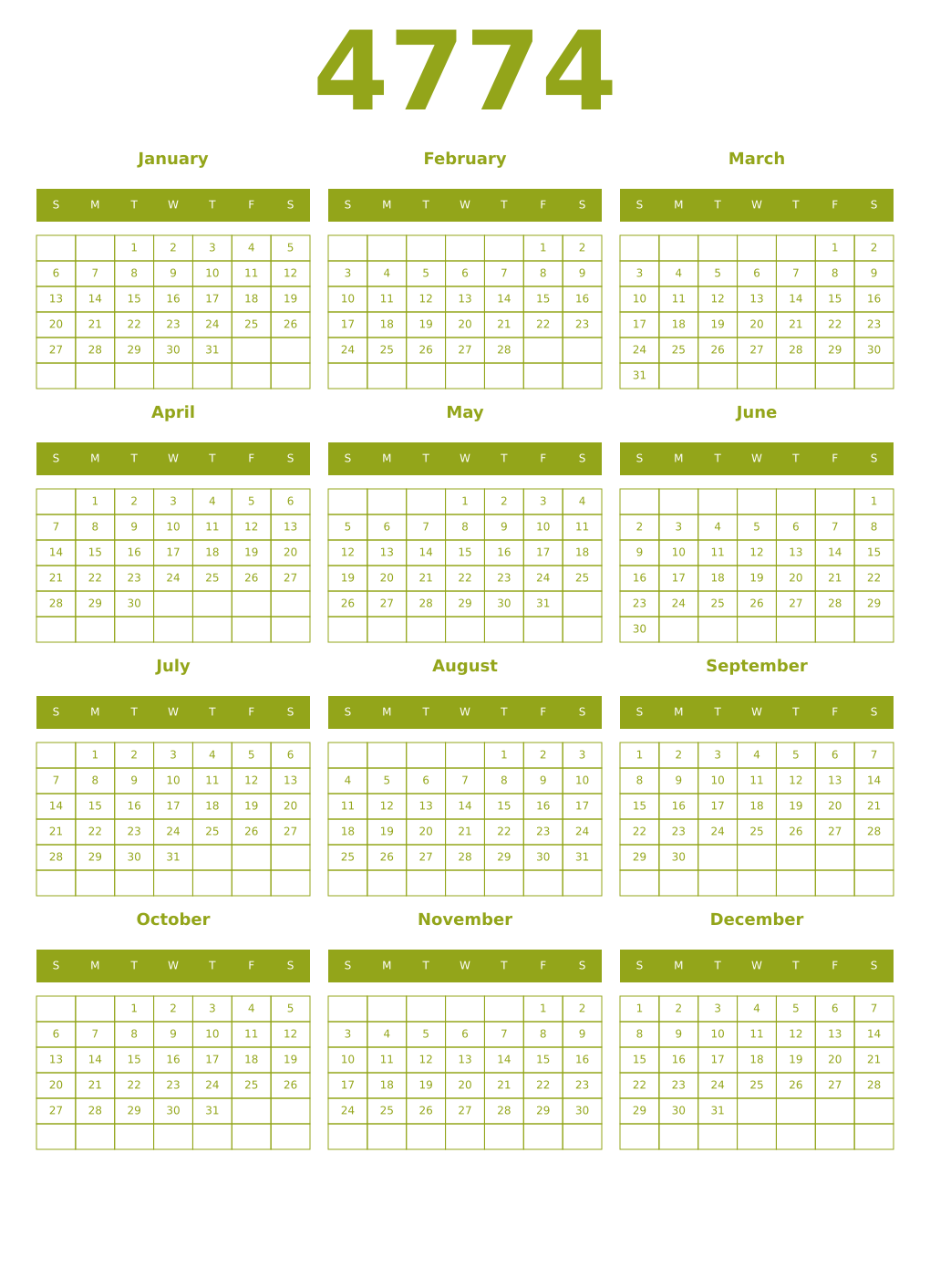 Printable 4774 Year Calendars chartreuse