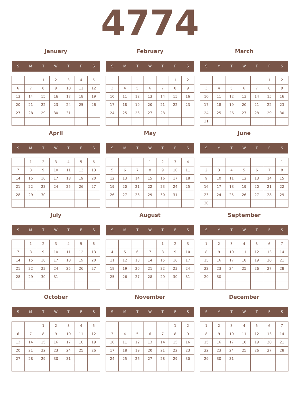 Printable 4774 Year Calendars coffe