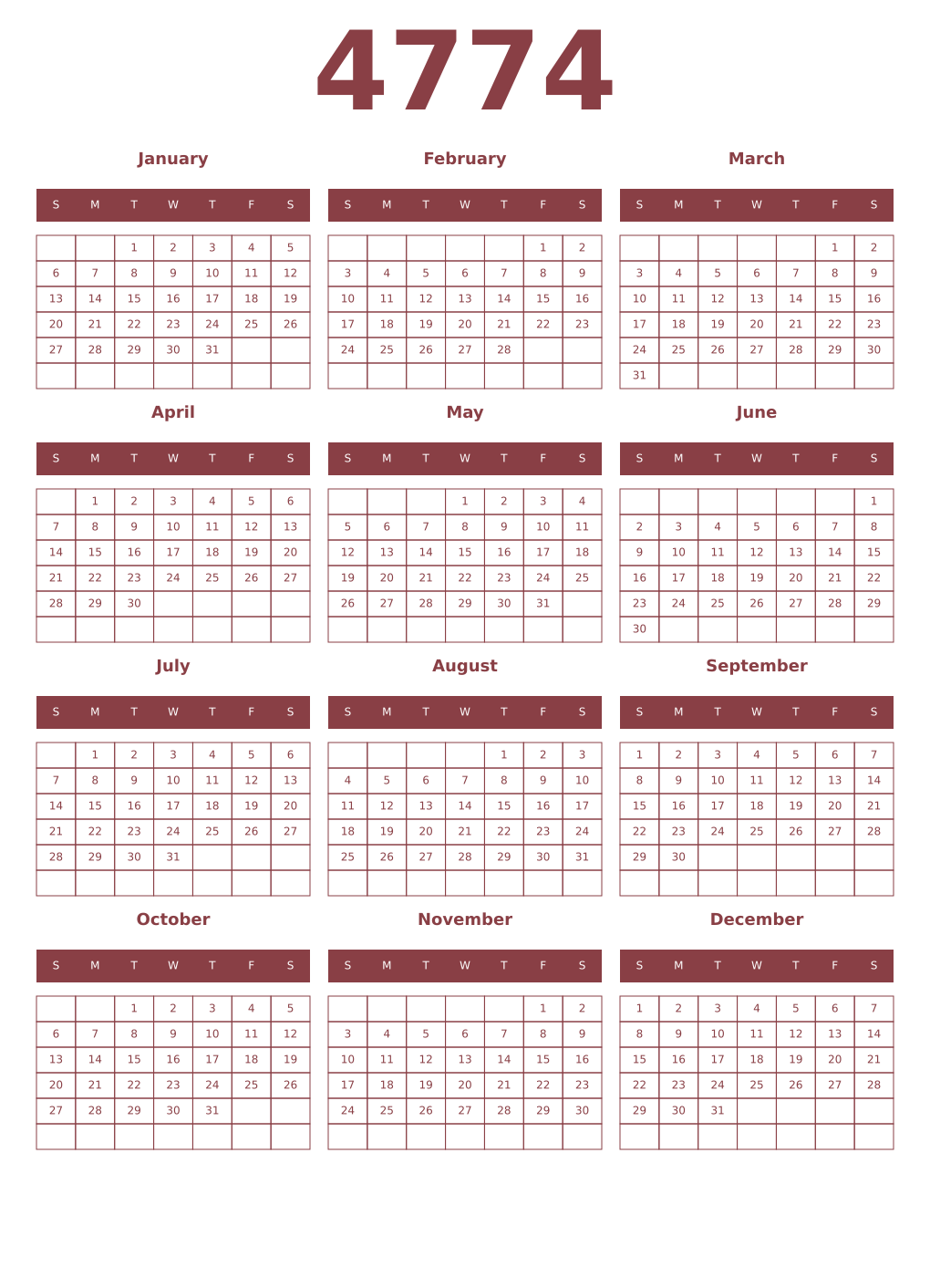 Printable 4774 Year Calendars cordovan