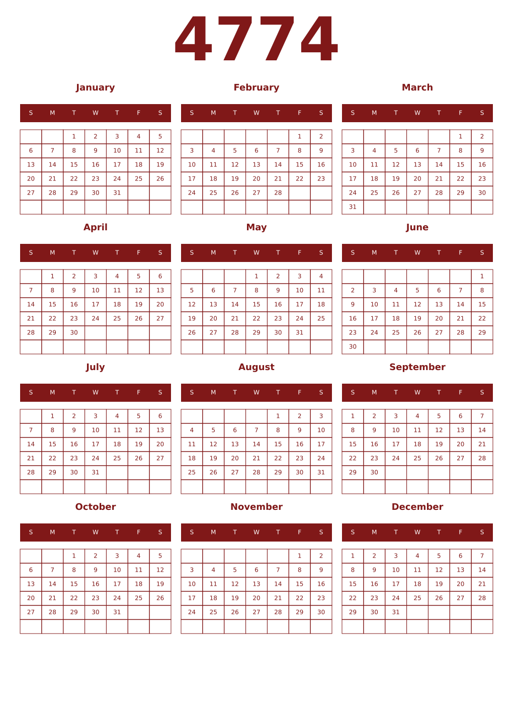 Printable 4774 Year Calendars falu