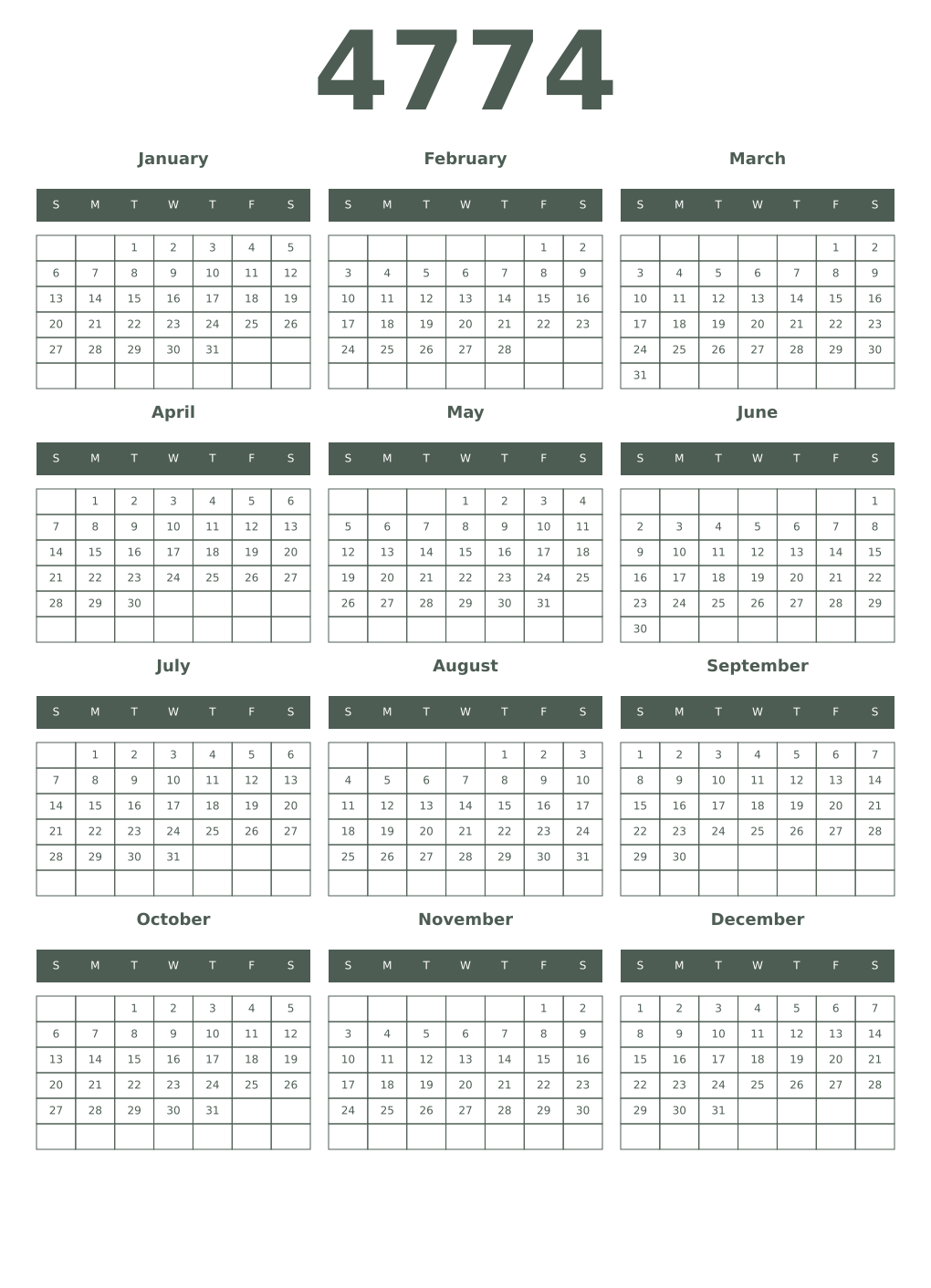 Printable 4774 Year Calendars feldgrau