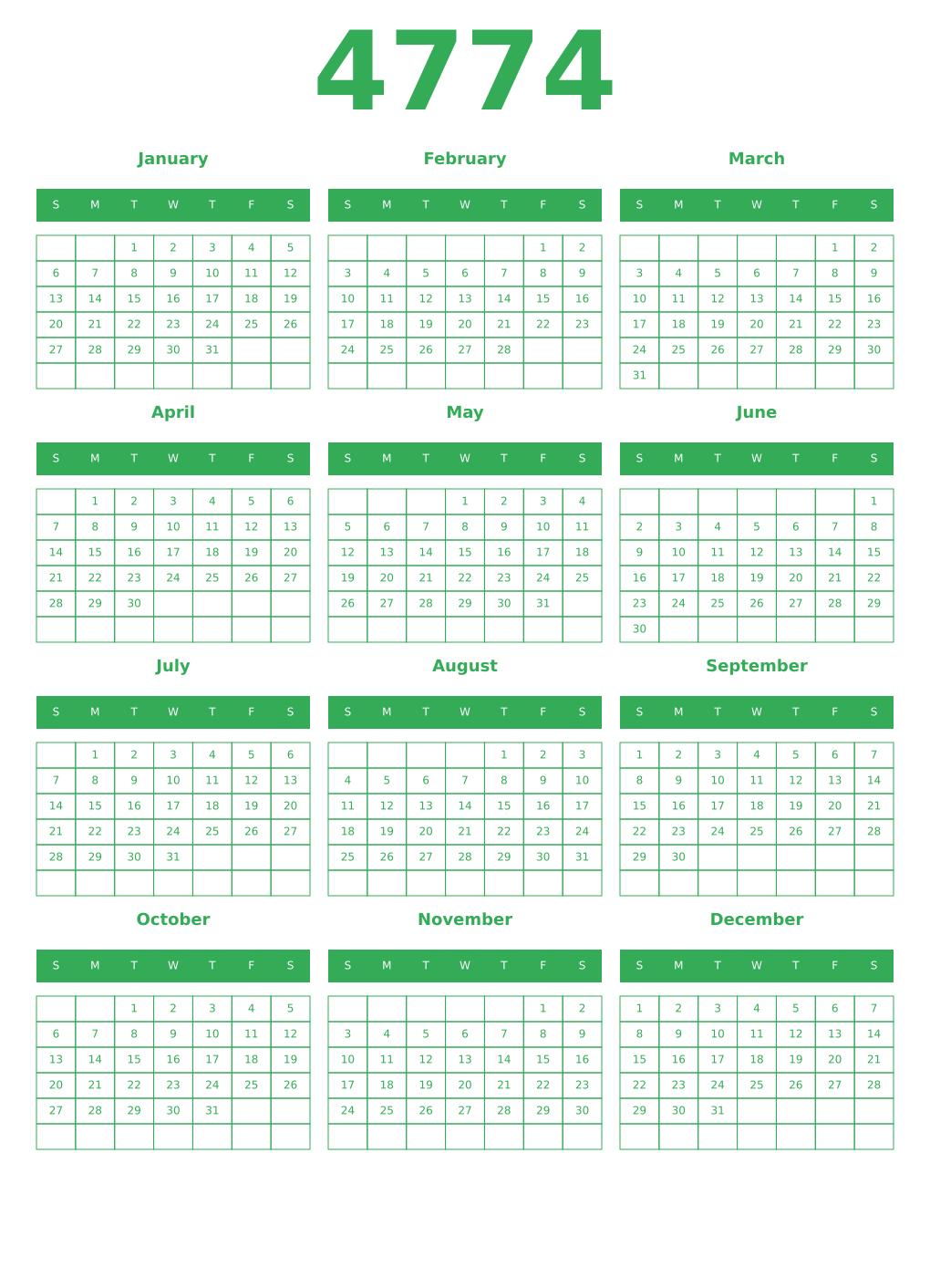 Printable 4774 Year Calendars green