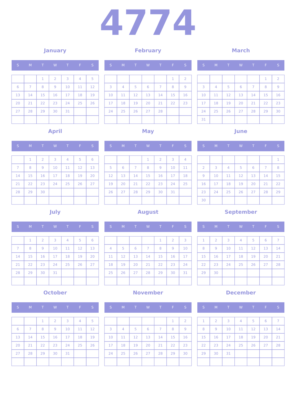 Printable 4774 Year Calendars periwinkle