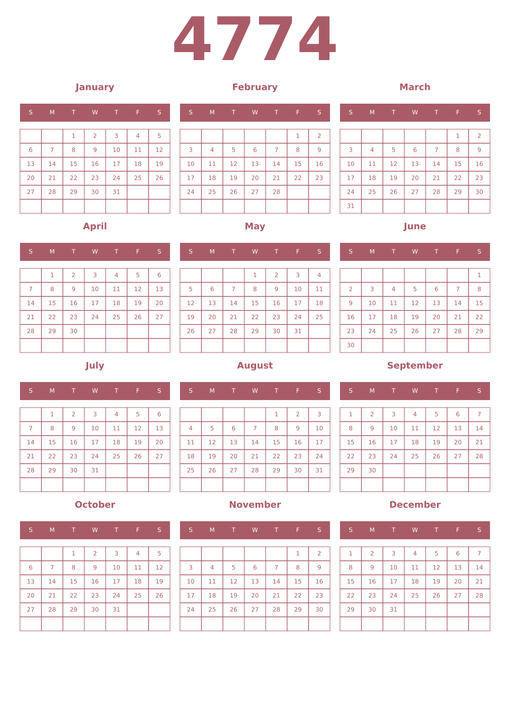 Printable 4774 Year Calendars puce