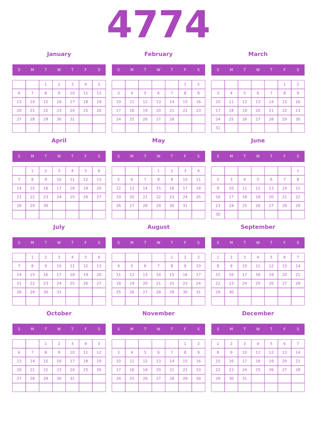Printable 4774 Year Calendars purple