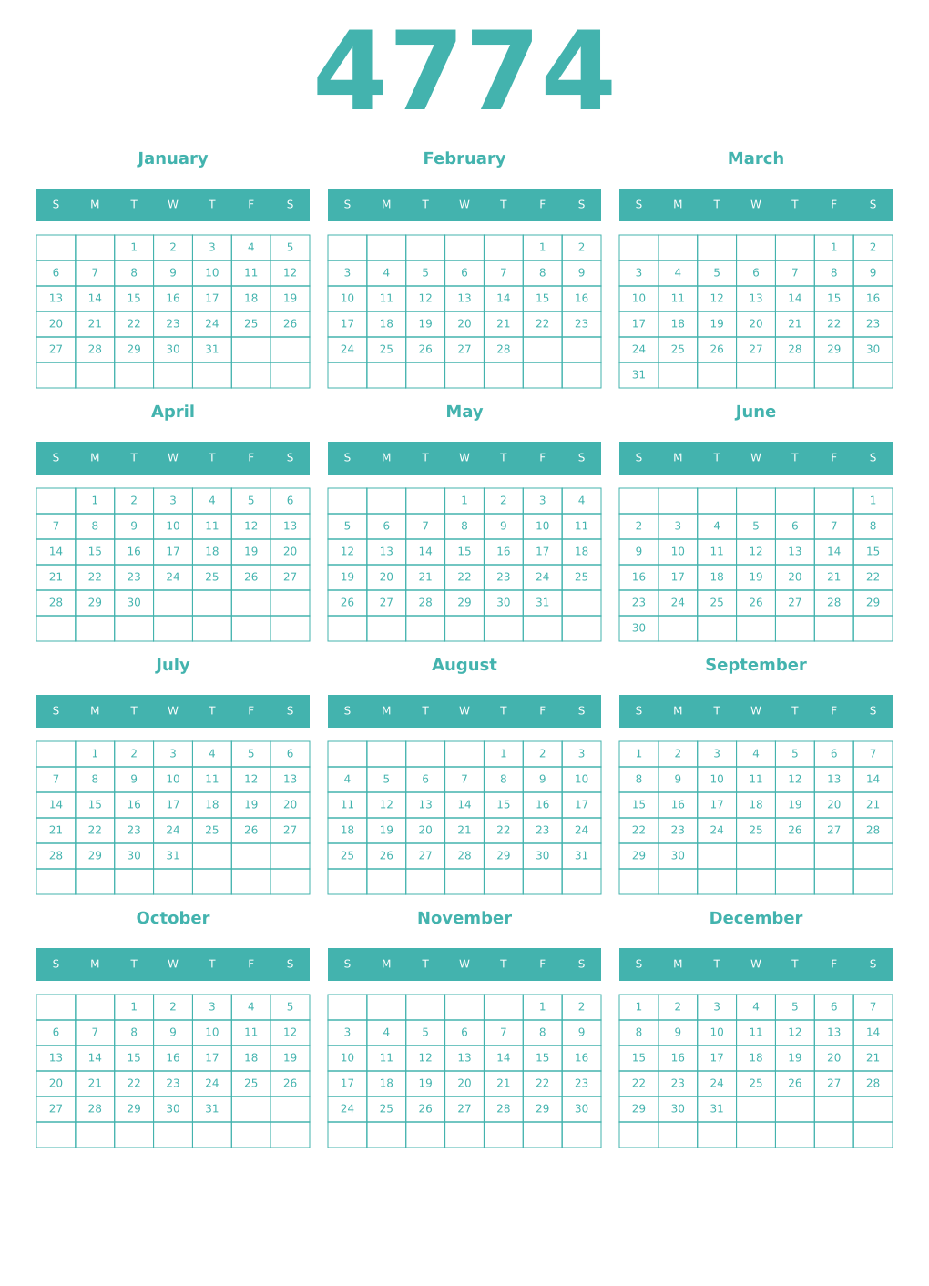 Printable 4774 Year Calendars verdigris