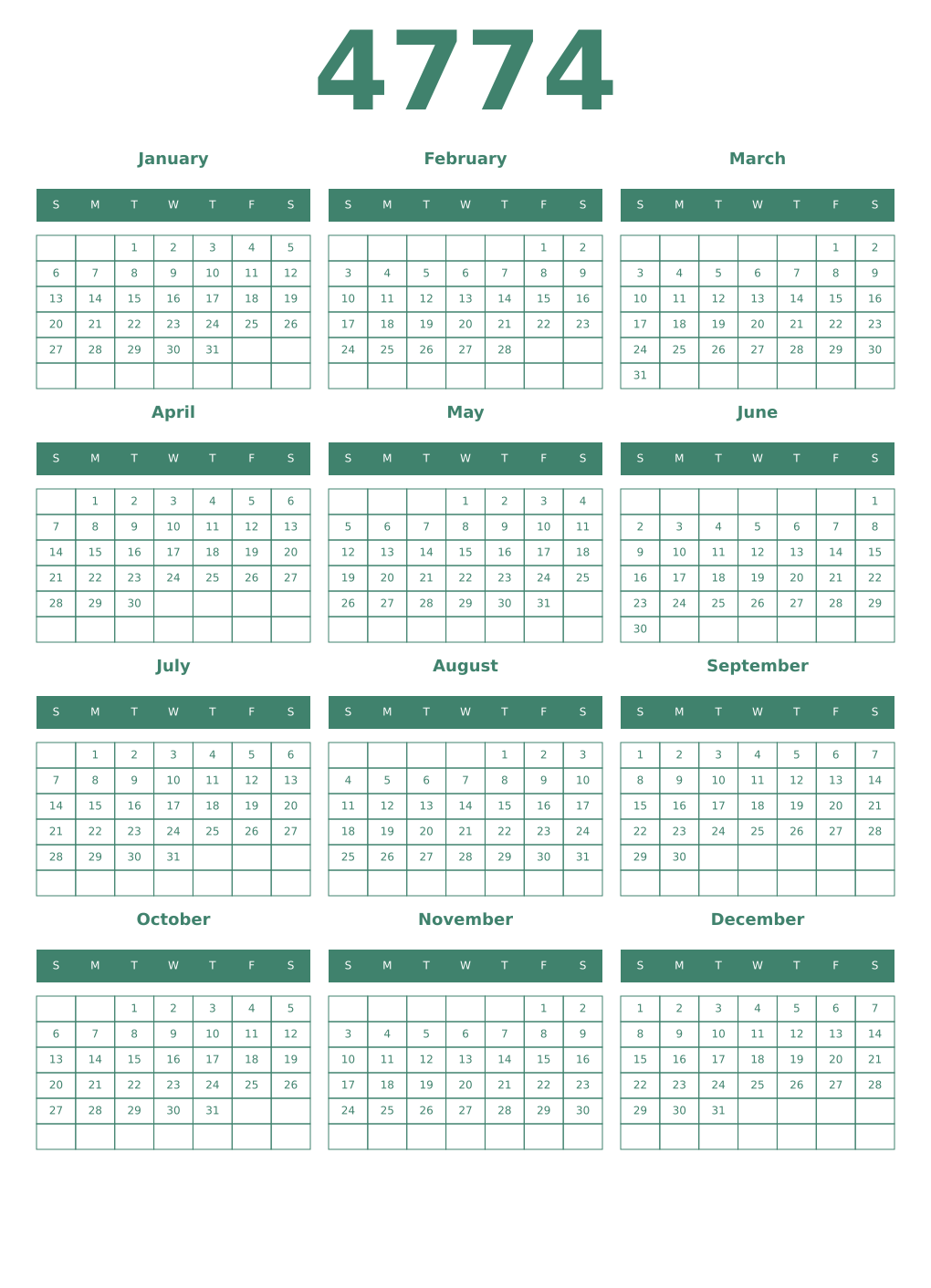 Printable 4774 Year Calendars viridian