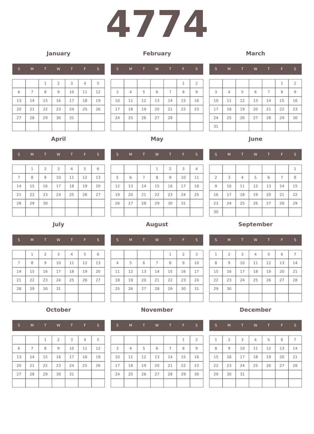 Printable 4774 Year Calendars wenge