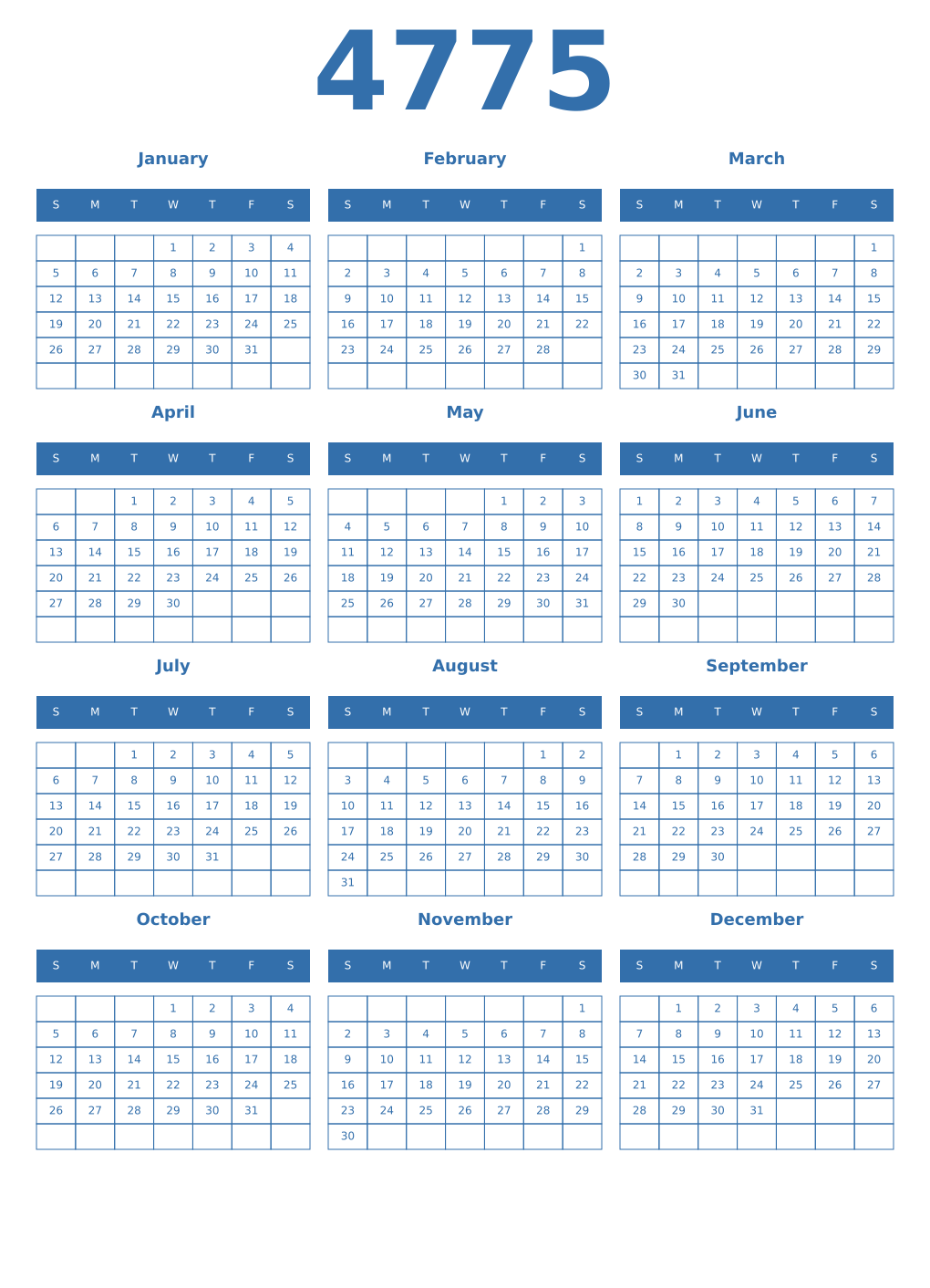 Printable 4775 Year Calendars blue