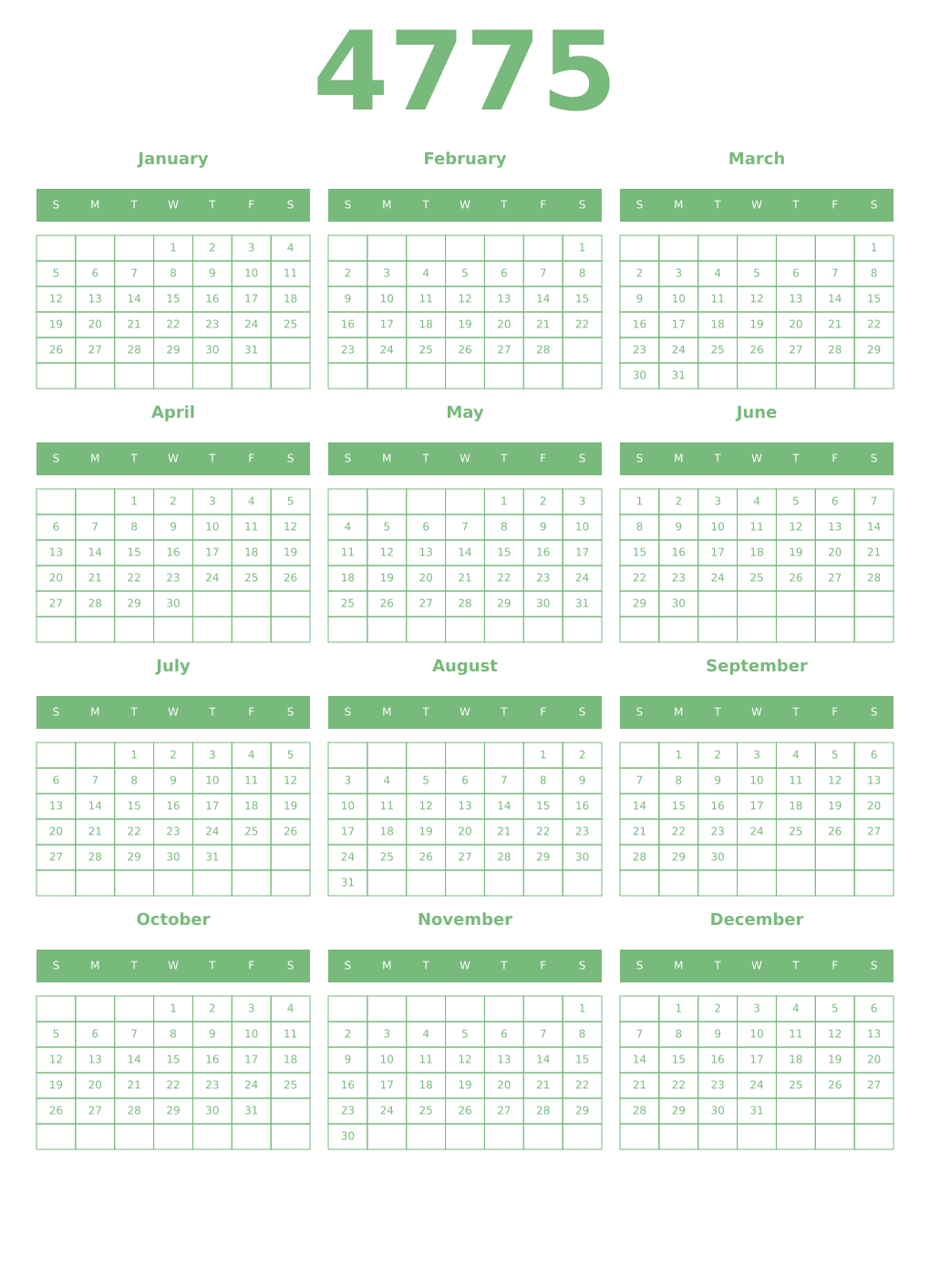 Printable 4775 Year Calendars celadon