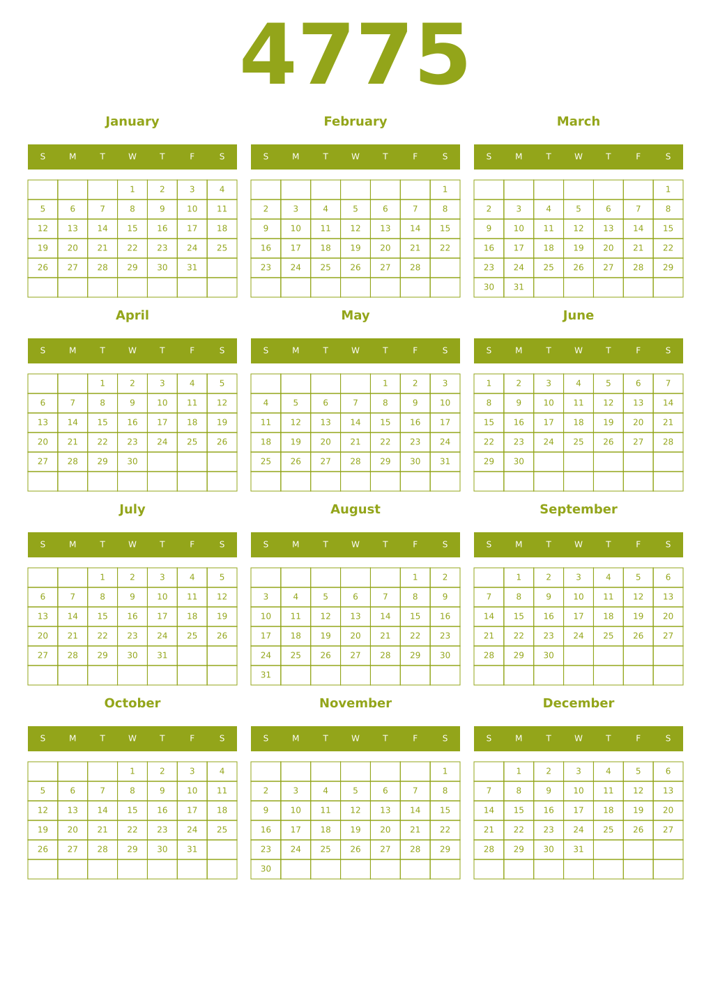 Printable 4775 Year Calendars chartreuse