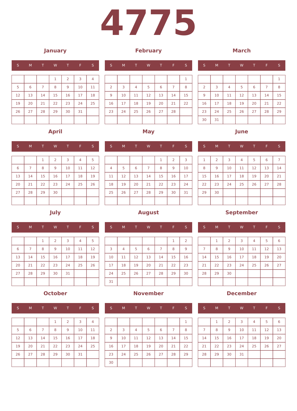 Printable 4775 Year Calendars cordovan