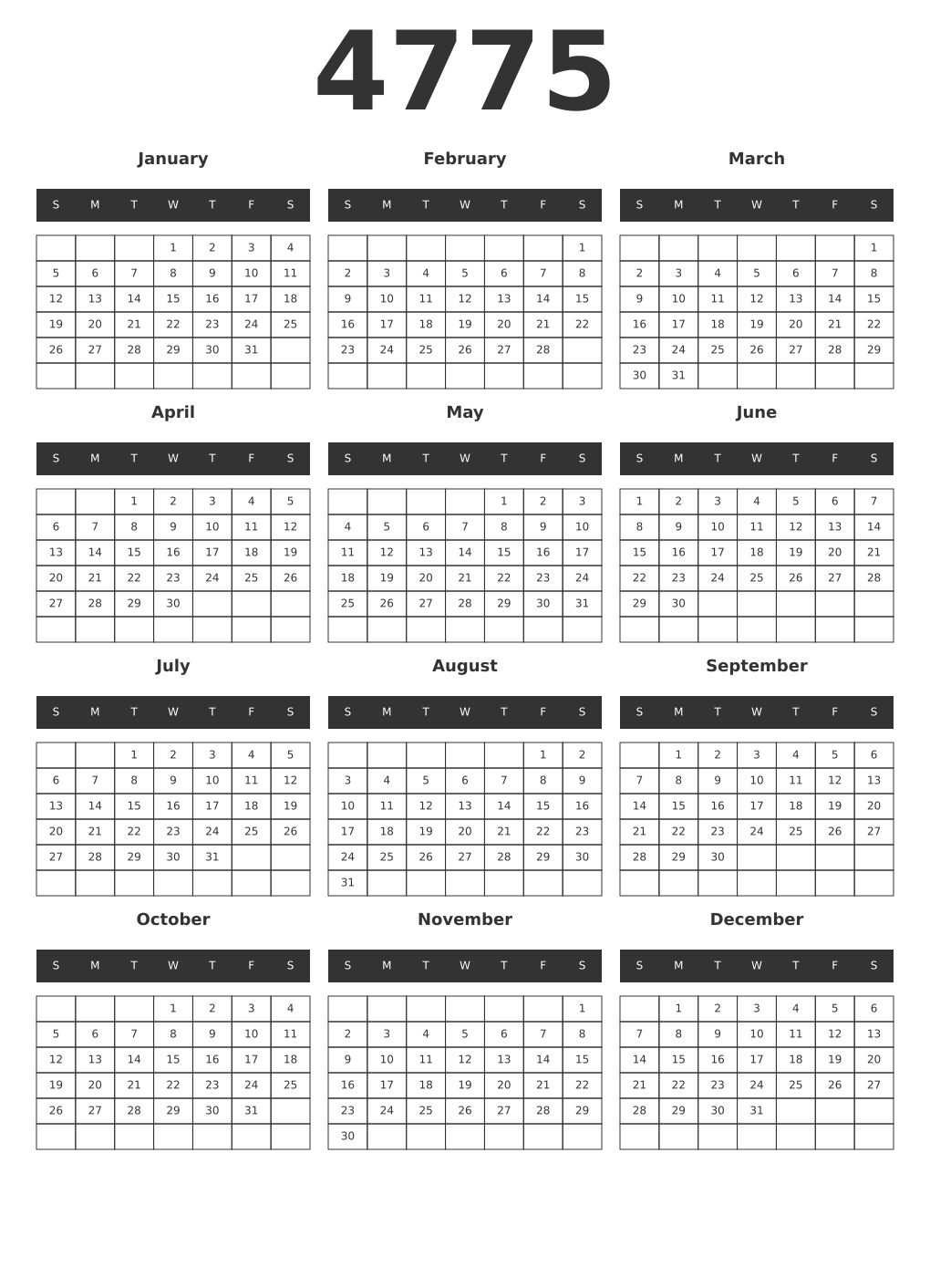 Printable 4775 Year Calendars dark