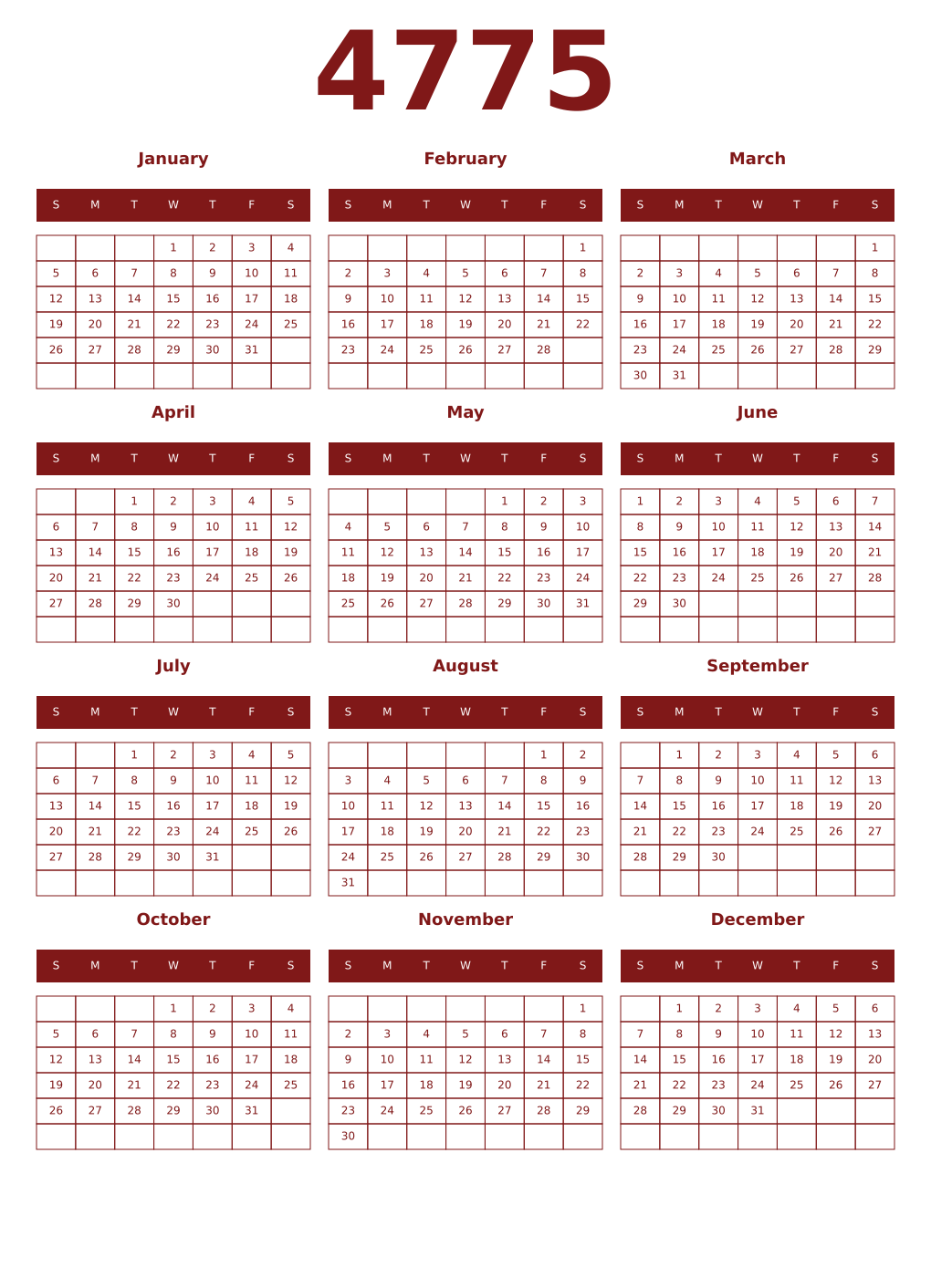 Printable 4775 Year Calendars falu