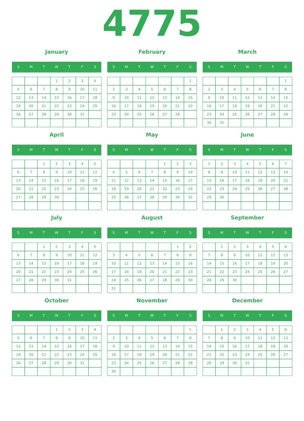 Printable 4775 Year Calendars green