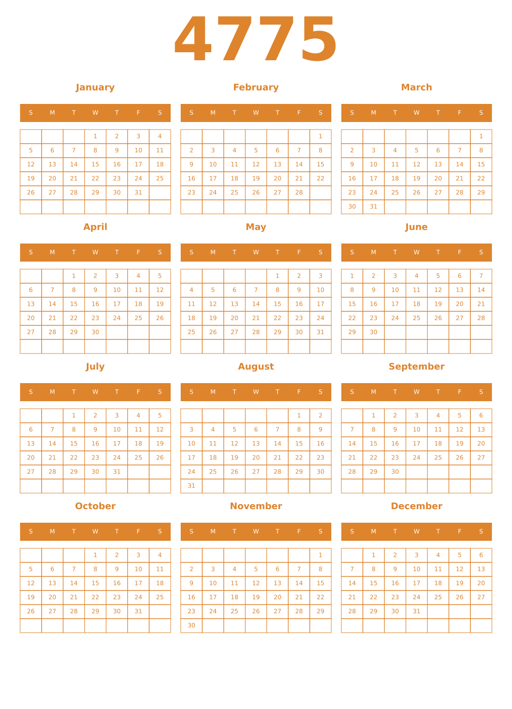 Printable 4775 Year Calendars orange