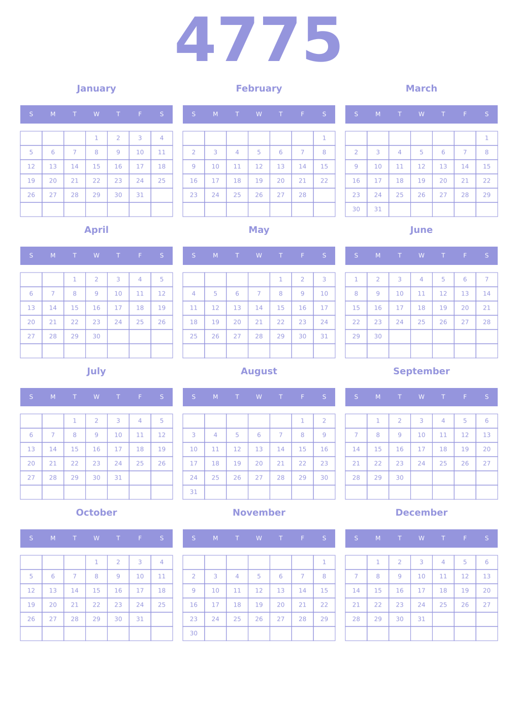 Printable 4775 Year Calendars periwinkle