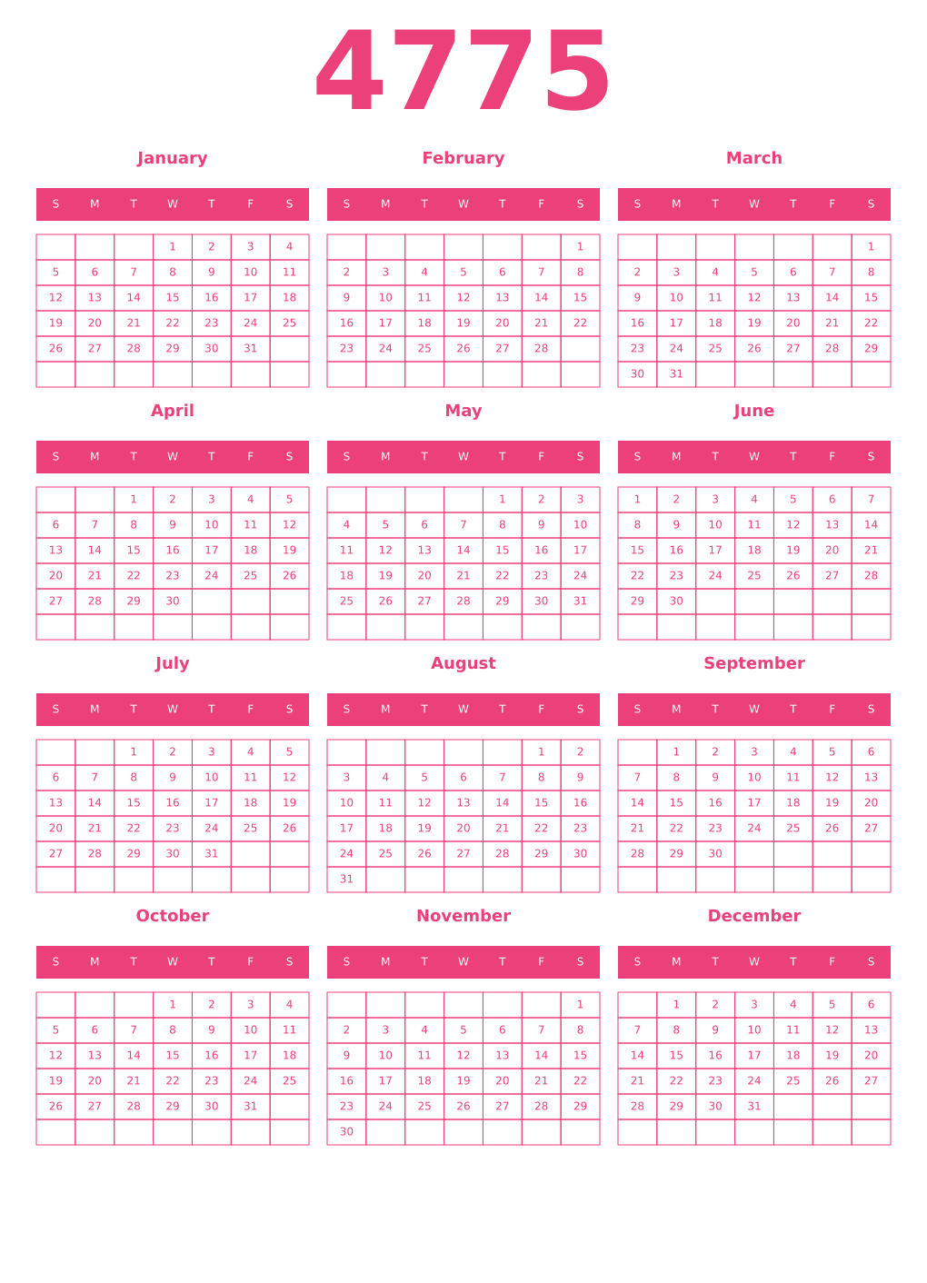 Printable 4775 Year Calendars pink