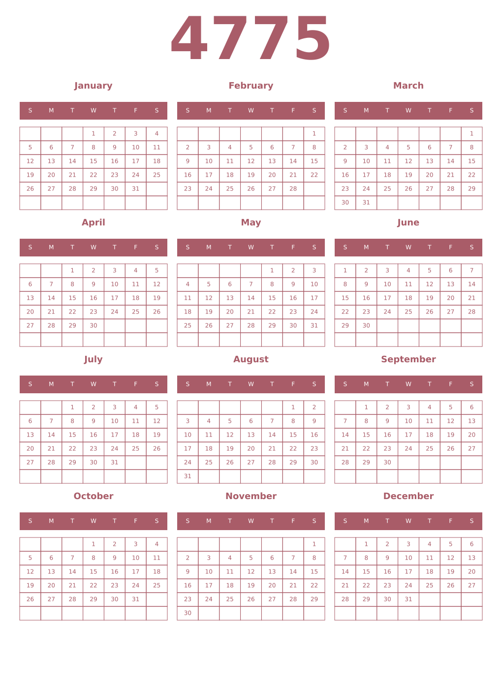Printable 4775 Year Calendars puce