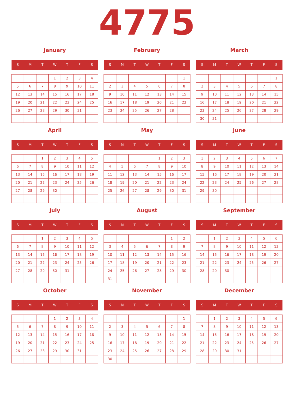 Printable 4775 Year Calendars red