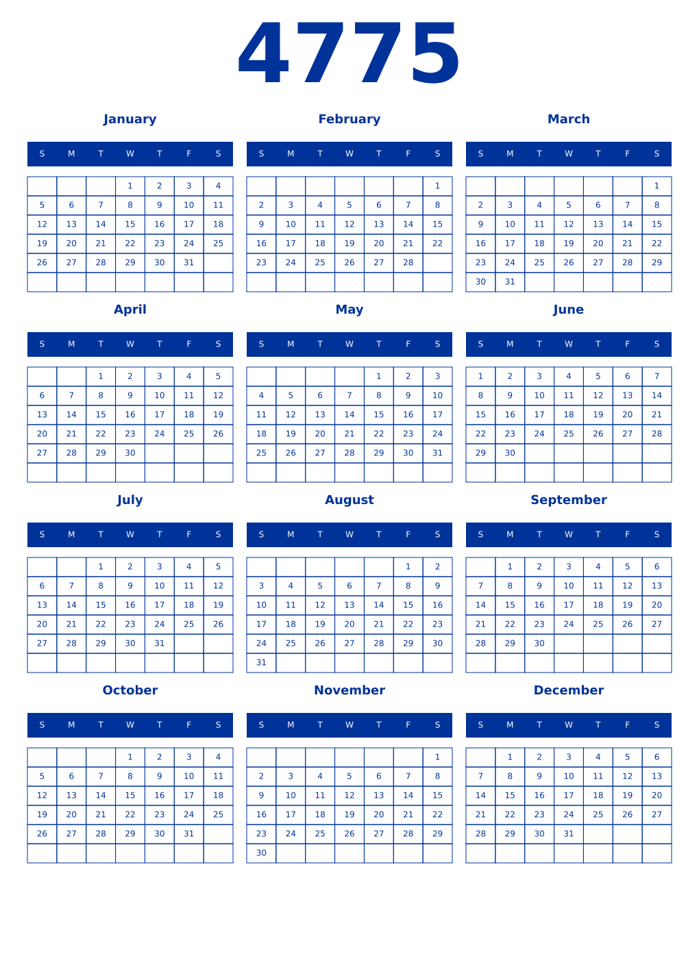 Printable 4775 Year Calendars smalt