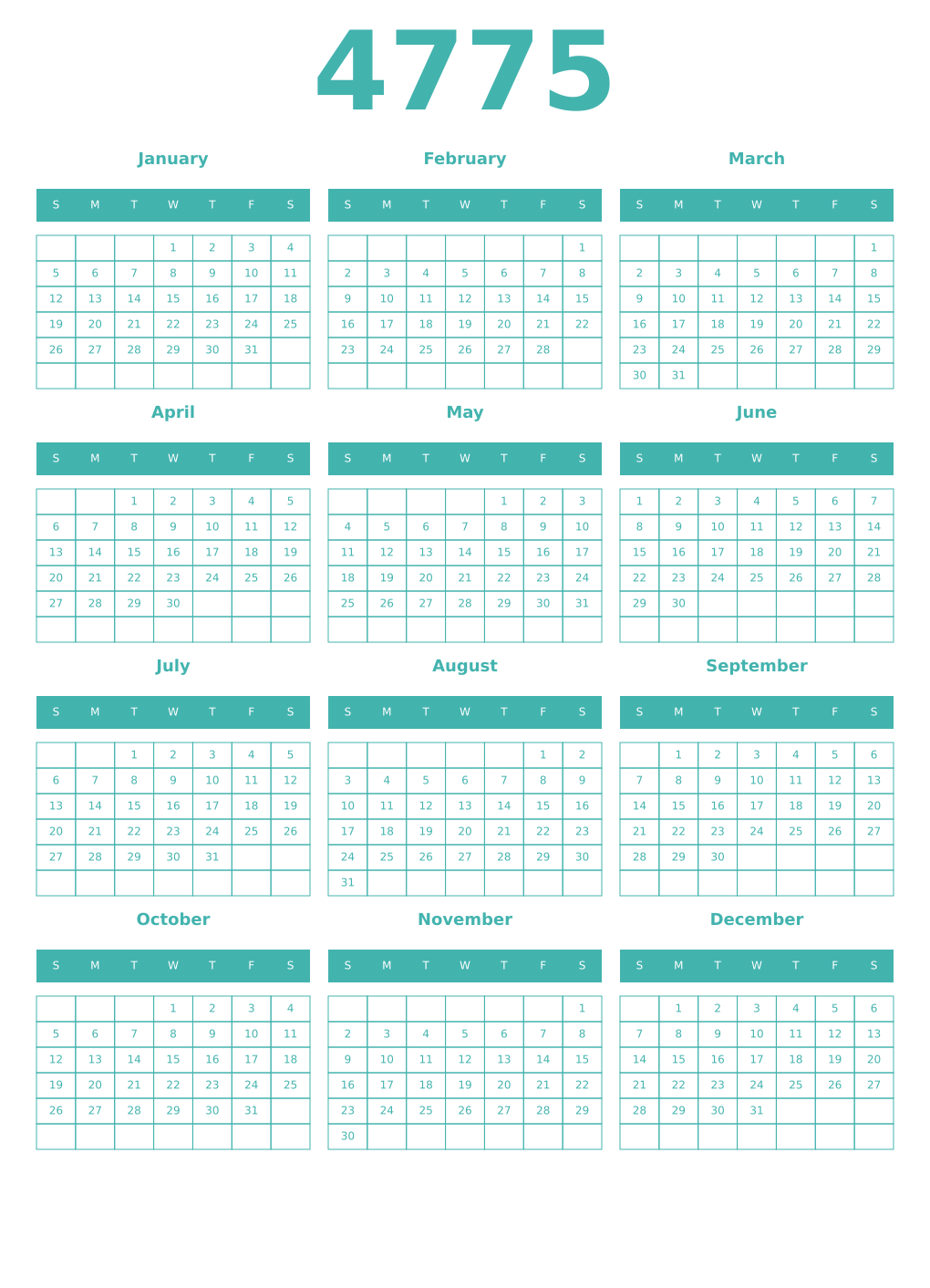 Printable 4775 Year Calendars verdigris