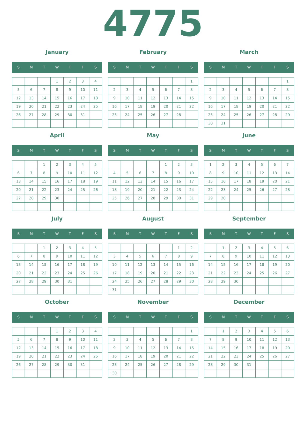 Printable 4775 Year Calendars viridian