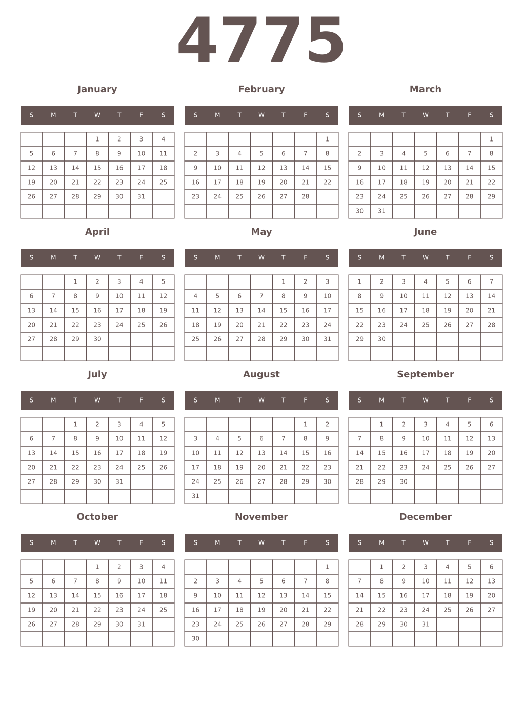 Printable 4775 Year Calendars wenge