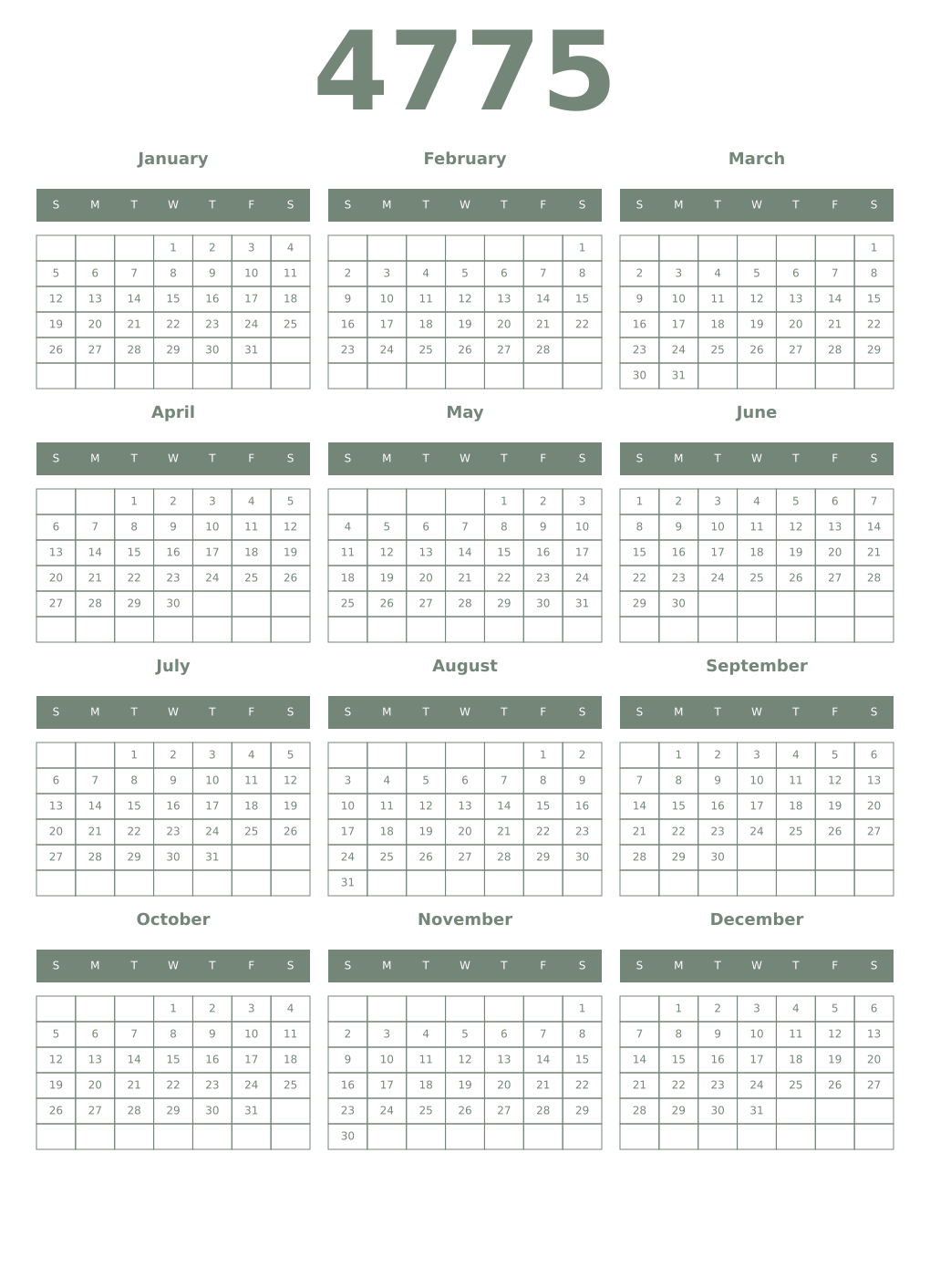 Printable 4775 Year Calendars xanadu