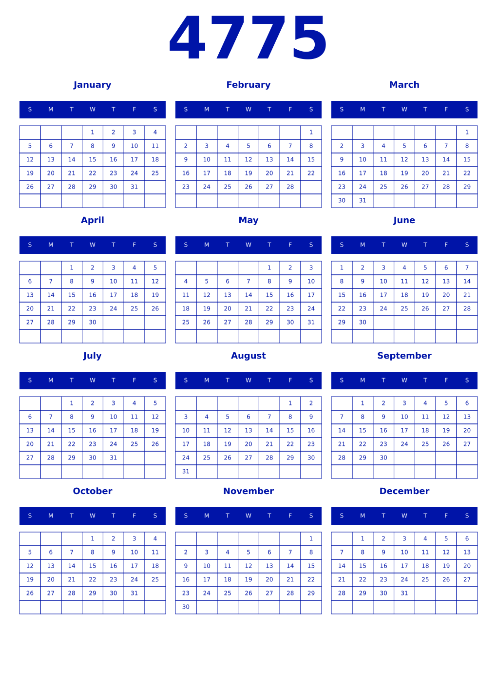 Printable 4775 Year Calendars zaffre