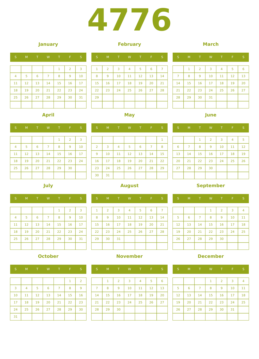 Printable 4776 Year Calendars chartreuse