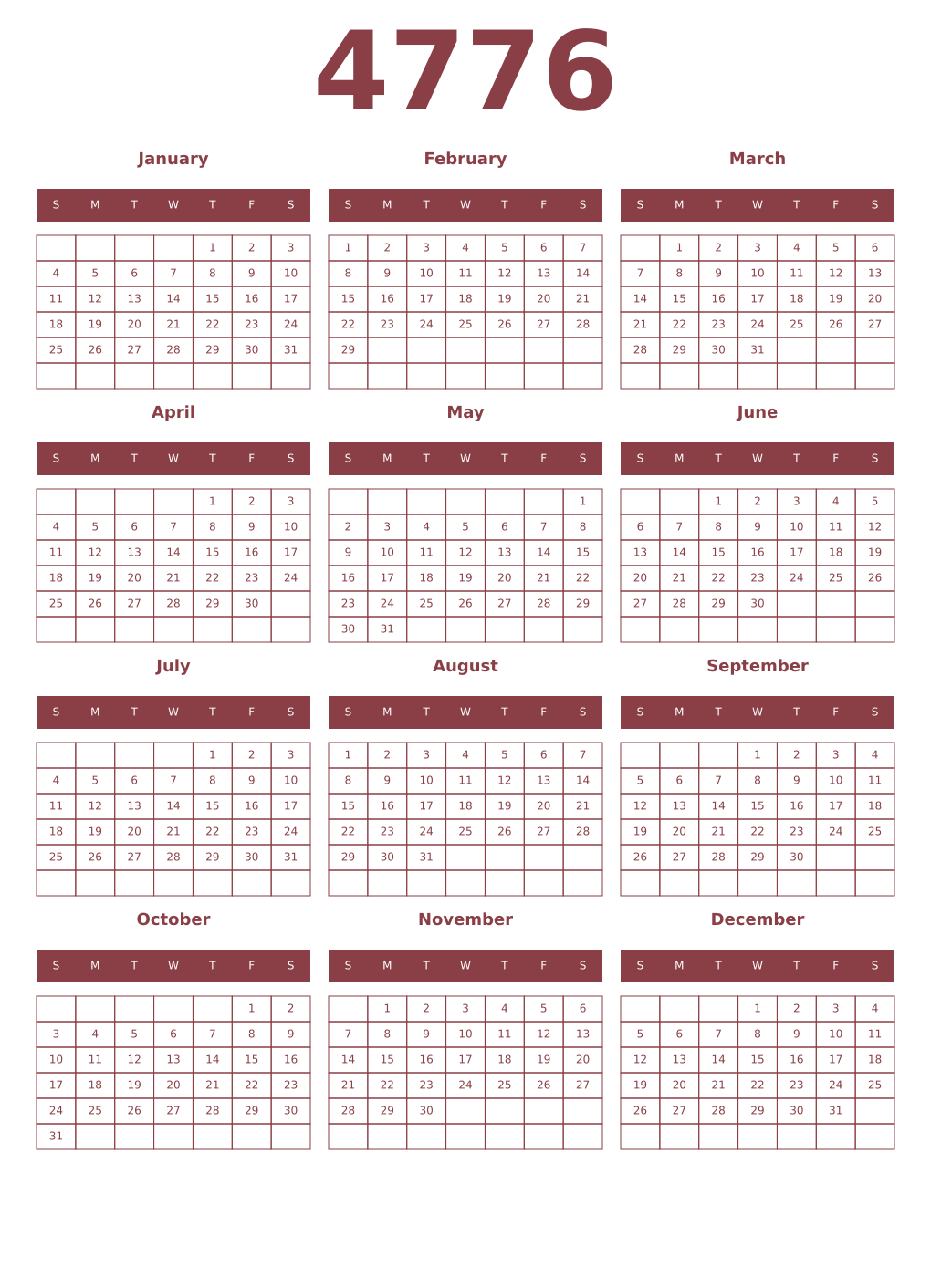 Printable 4776 Year Calendars cordovan