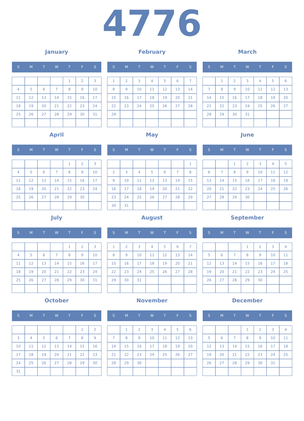 Printable 4776 Year Calendars glaucous