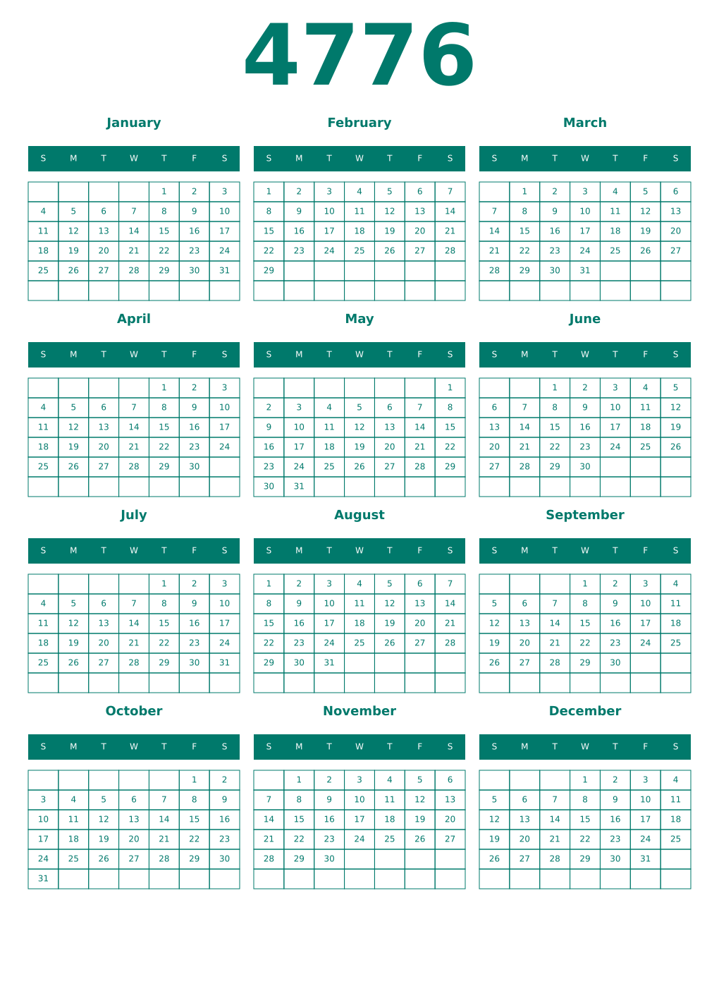 Printable 4776 Year Calendars pastel