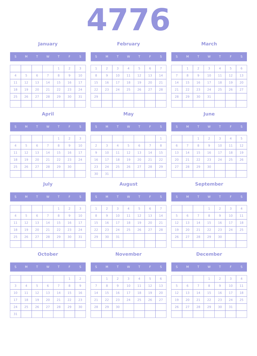 Printable 4776 Year Calendars periwinkle