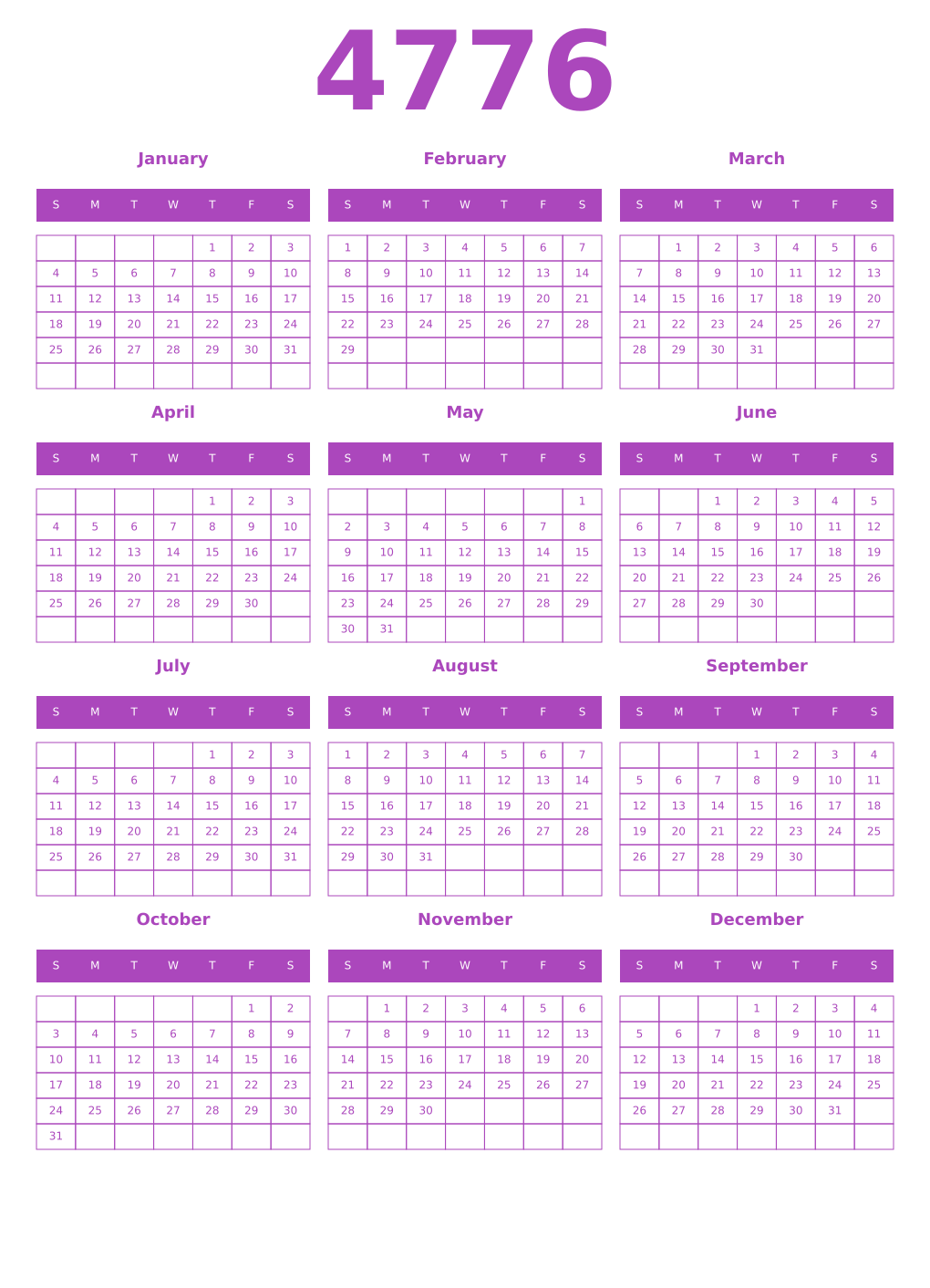 Printable 4776 Year Calendars purple