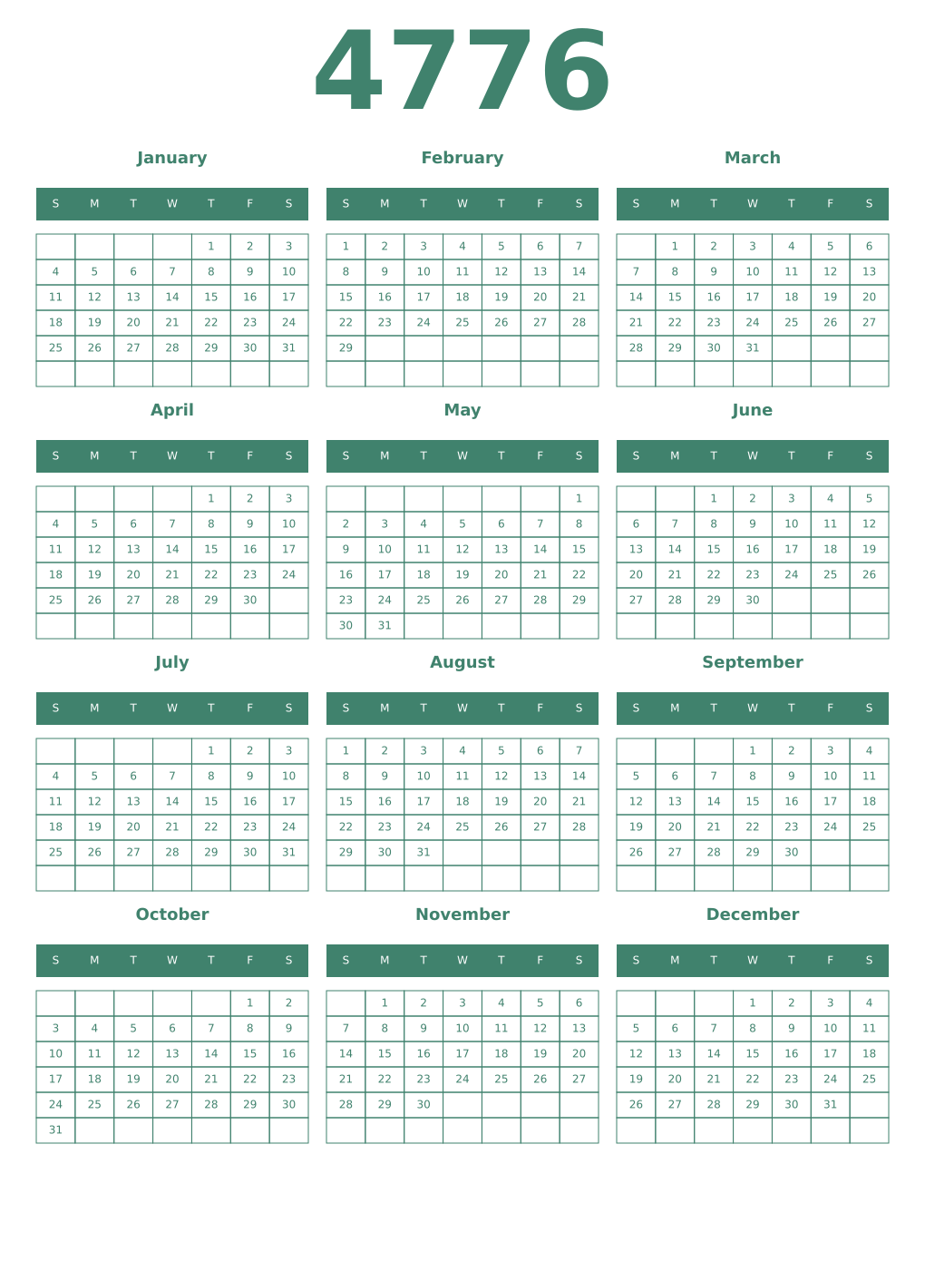 Printable 4776 Year Calendars viridian