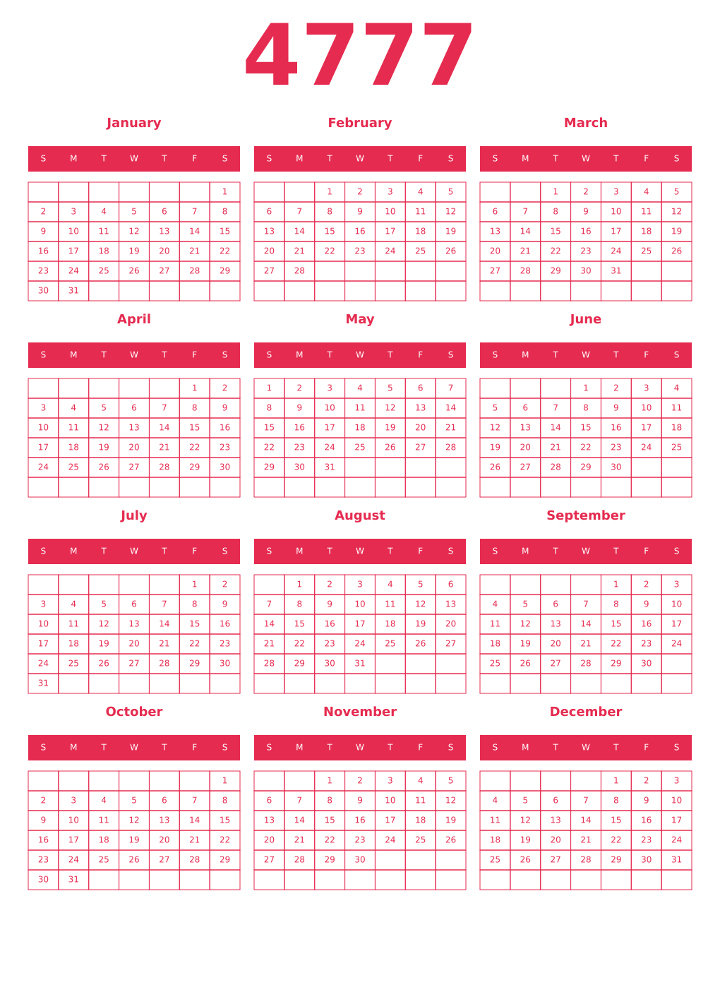 Printable 4777 Year Calendars amaranth