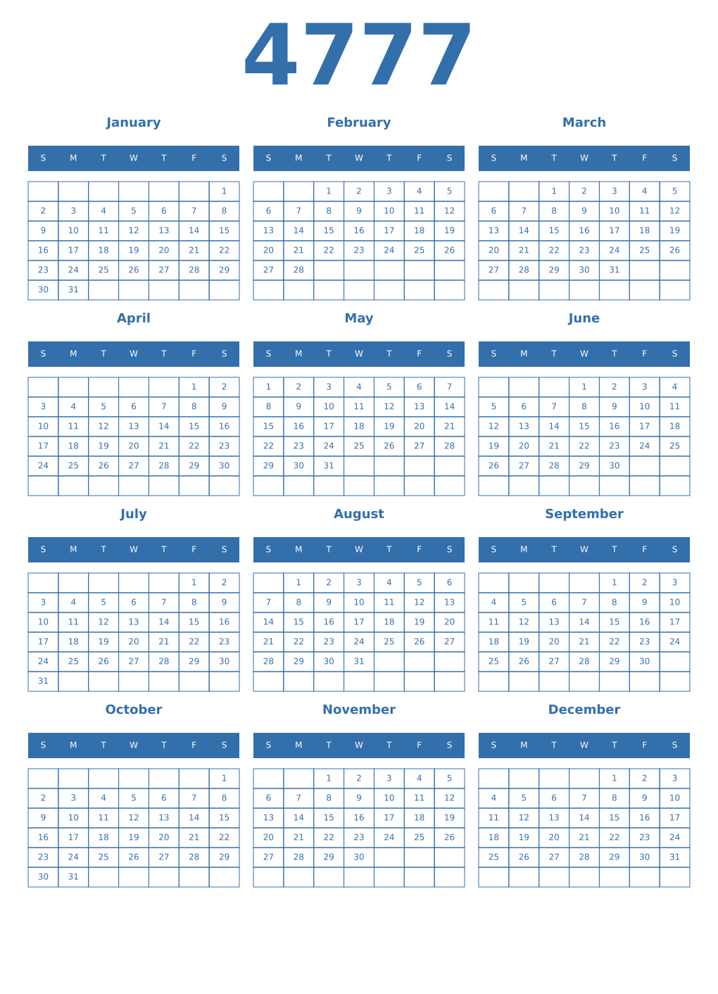 Printable 4777 Year Calendars blue
