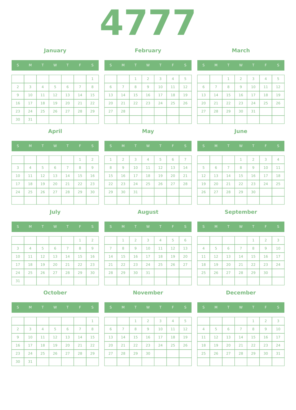 Printable 4777 Year Calendars celadon