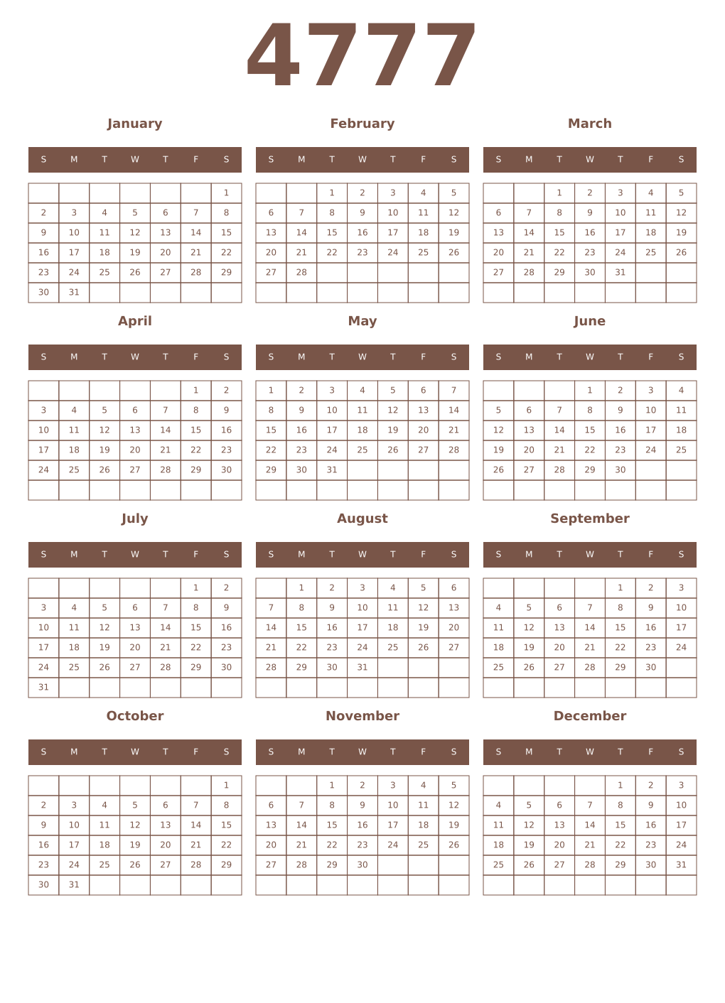 Printable 4777 Year Calendars coffe
