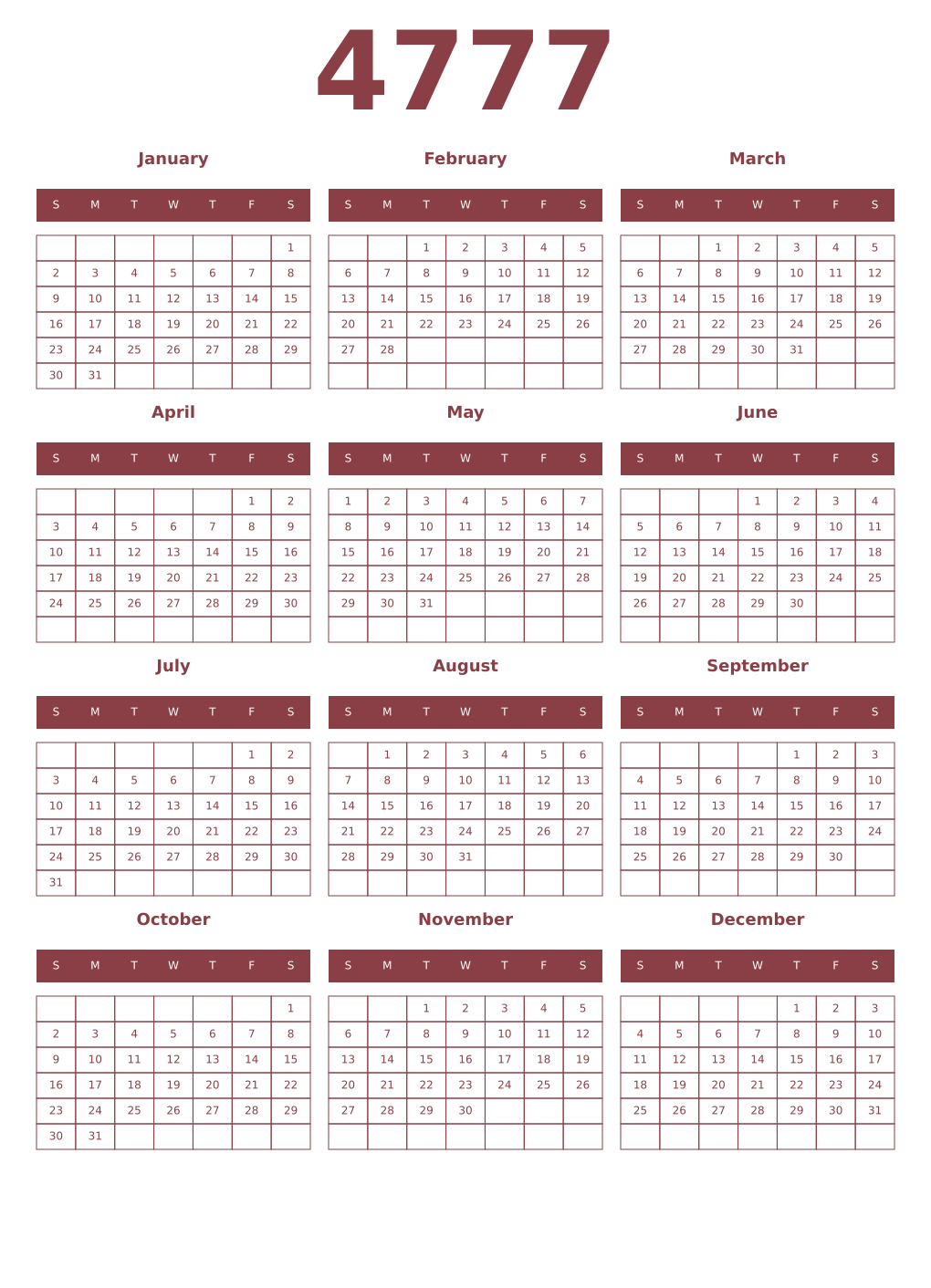 Printable 4777 Year Calendars cordovan