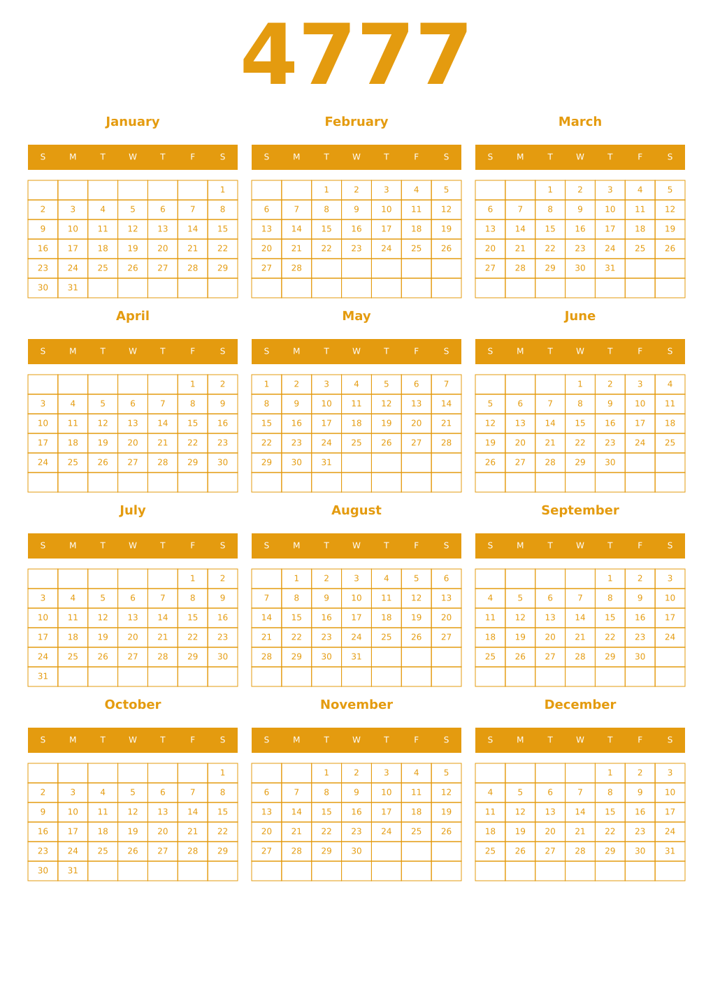 Printable 4777 Year Calendars gamboge